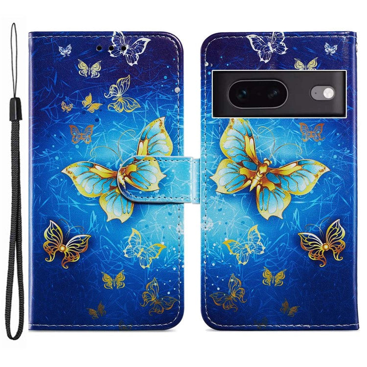 For Google Pixel 7 5G PU Leather Pattern Printing Phone Case Wallet Stand Flip Folio Cover - Golden Butterfly