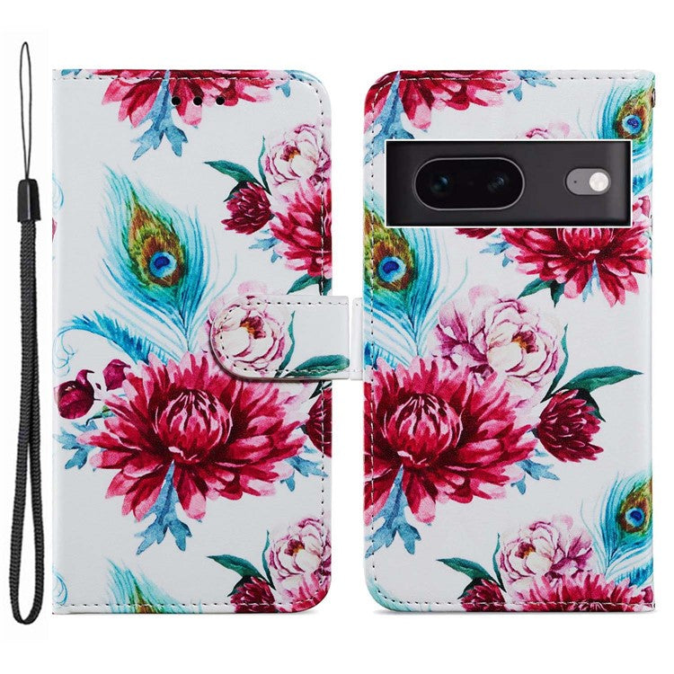 For Google Pixel 7 5G PU Leather Pattern Printing Phone Case Wallet Stand Flip Folio Cover - Peacock Flower