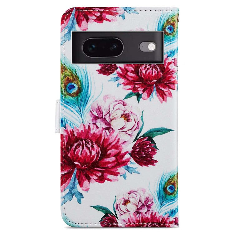 For Google Pixel 7 5G PU Leather Pattern Printing Phone Case Wallet Stand Flip Folio Cover - Peacock Flower