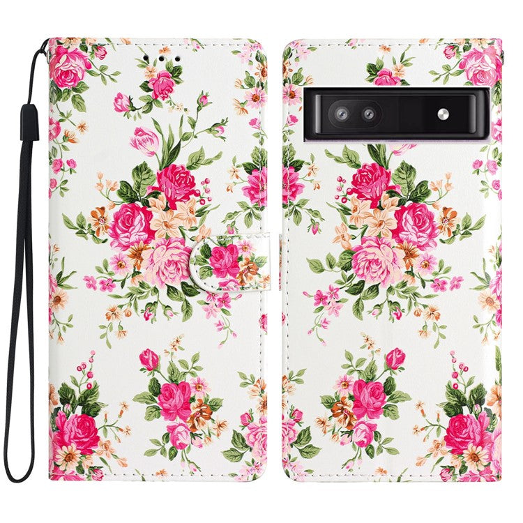 For Google Pixel 7a PU Leather Pattern Printing Phone Cover Wallet Stand Anti-Drop Protective Phone Case - Red Flowers