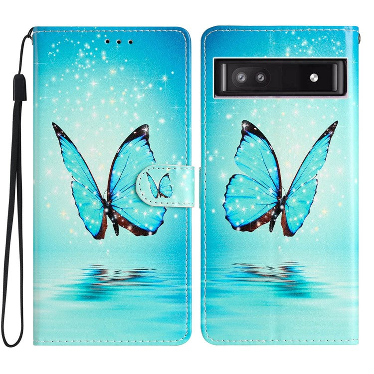 For Google Pixel 7a PU Leather Pattern Printing Phone Cover Wallet Stand Anti-Drop Protective Phone Case - Blue Butterfly