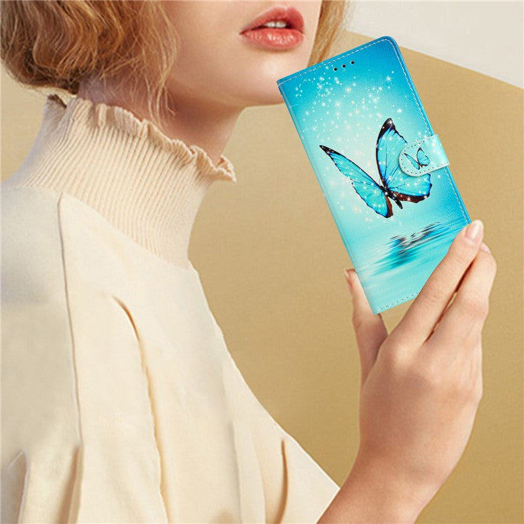 For Google Pixel 7a PU Leather Pattern Printing Phone Cover Wallet Stand Anti-Drop Protective Phone Case - Blue Butterfly