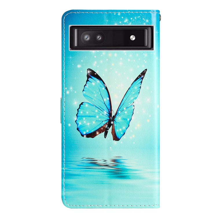 For Google Pixel 7a PU Leather Pattern Printing Phone Cover Wallet Stand Anti-Drop Protective Phone Case - Blue Butterfly