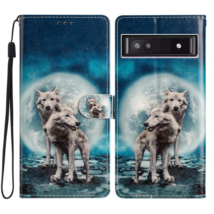 For Google Pixel 7a PU Leather Pattern Printing Phone Cover Wallet Stand Anti-Drop Protective Phone Case - Two Wolves