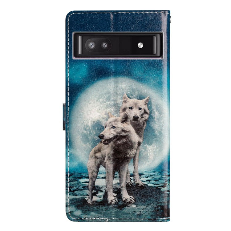 For Google Pixel 7a PU Leather Pattern Printing Phone Cover Wallet Stand Anti-Drop Protective Phone Case - Two Wolves