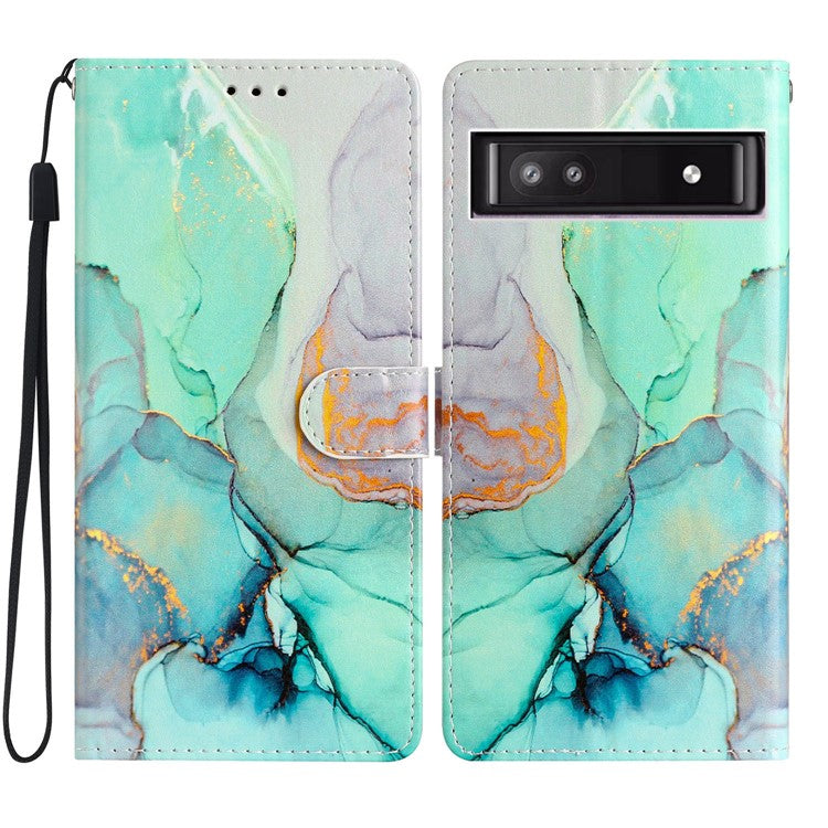 For Google Pixel 7a PU Leather Pattern Printing Phone Cover Wallet Stand Anti-Drop Protective Phone Case - Green Marble