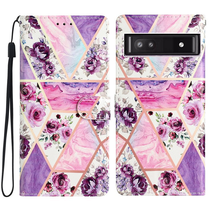 For Google Pixel 7a PU Leather Pattern Printing Phone Cover Wallet Stand Anti-Drop Protective Phone Case - Purple Flowers