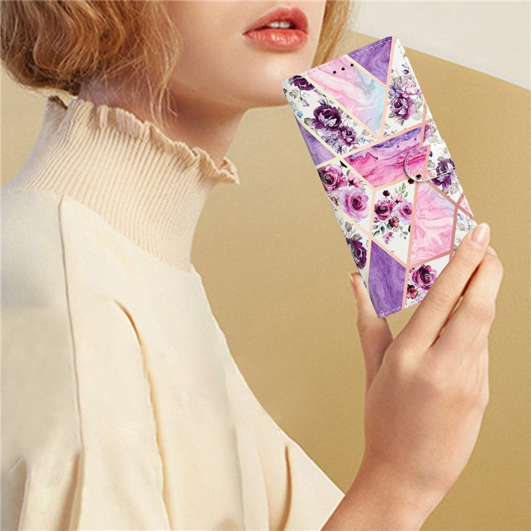 For Google Pixel 7a PU Leather Pattern Printing Phone Cover Wallet Stand Anti-Drop Protective Phone Case - Purple Flowers