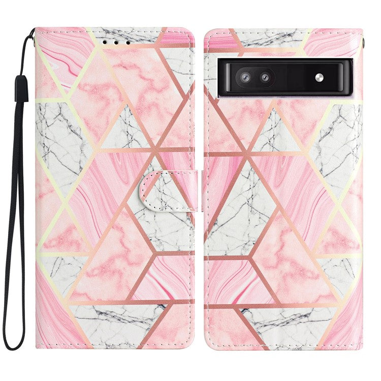 For Google Pixel 7a PU Leather Pattern Printing Phone Cover Wallet Stand Anti-Drop Protective Phone Case - Pink Marble