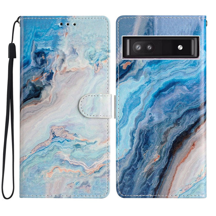 For Google Pixel 7a PU Leather Pattern Printing Phone Cover Wallet Stand Anti-Drop Protective Phone Case - Blue Marble