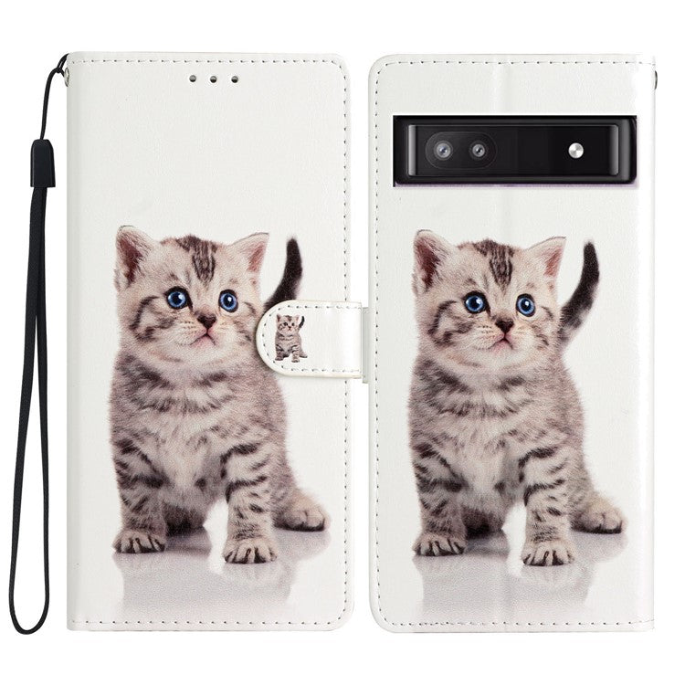 For Google Pixel 7a PU Leather Pattern Printing Phone Cover Wallet Stand Anti-Drop Protective Phone Case - Cute Cat