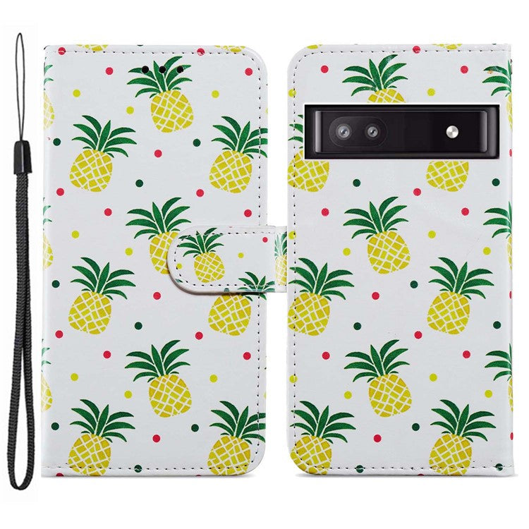 For Google Pixel 7a PU Leather Pattern Printing Phone Cover Wallet Stand Anti-Drop Protective Phone Case - Pineapple