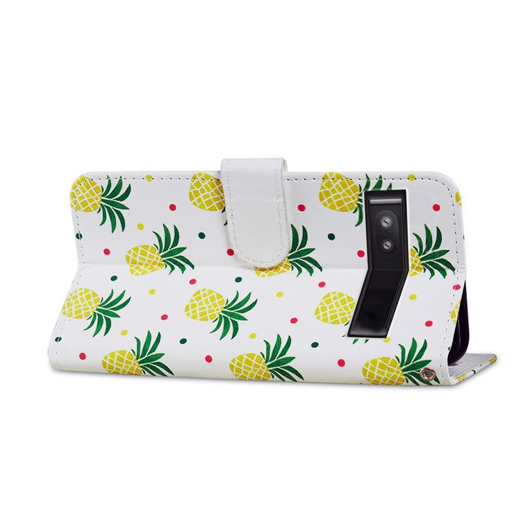 For Google Pixel 7a PU Leather Pattern Printing Phone Cover Wallet Stand Anti-Drop Protective Phone Case - Pineapple