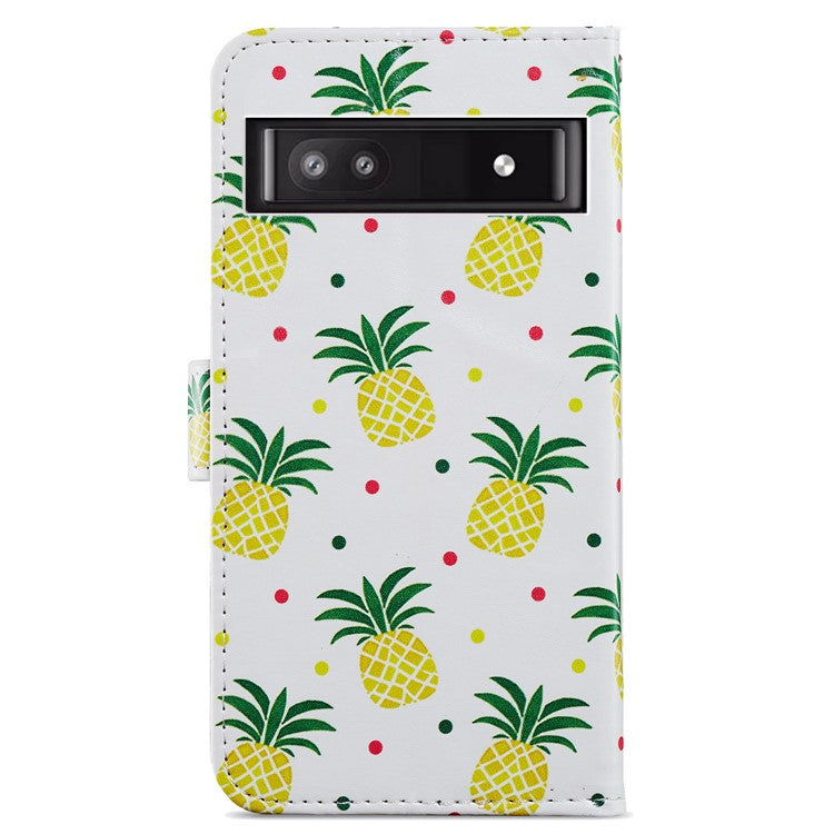 For Google Pixel 7a PU Leather Pattern Printing Phone Cover Wallet Stand Anti-Drop Protective Phone Case - Pineapple