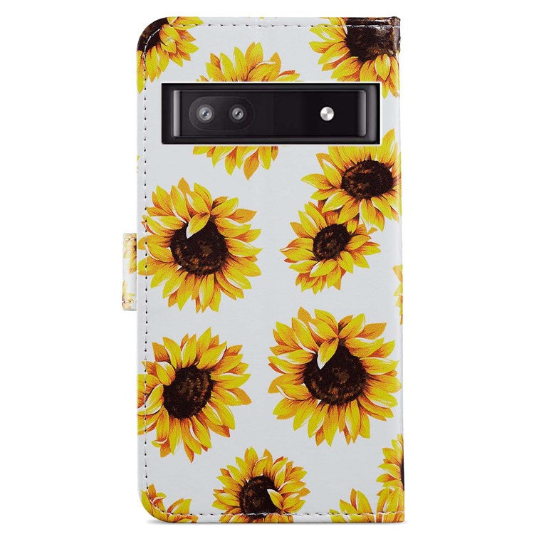 For Google Pixel 7a PU Leather Pattern Printing Phone Cover Wallet Stand Anti-Drop Protective Phone Case - Sunflower