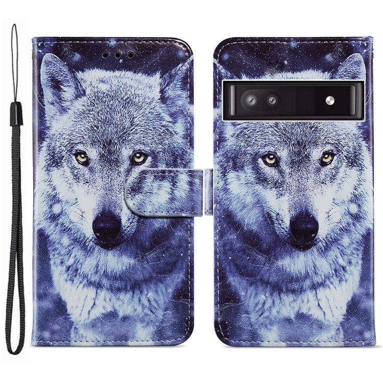 For Google Pixel 7a PU Leather Pattern Printing Phone Cover Wallet Stand Anti-Drop Protective Phone Case - Wolf