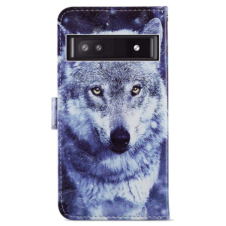 For Google Pixel 7a PU Leather Pattern Printing Phone Cover Wallet Stand Anti-Drop Protective Phone Case - Wolf