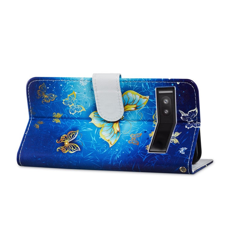 For Google Pixel 7a PU Leather Pattern Printing Phone Cover Wallet Stand Anti-Drop Protective Phone Case - Golden Butterfly