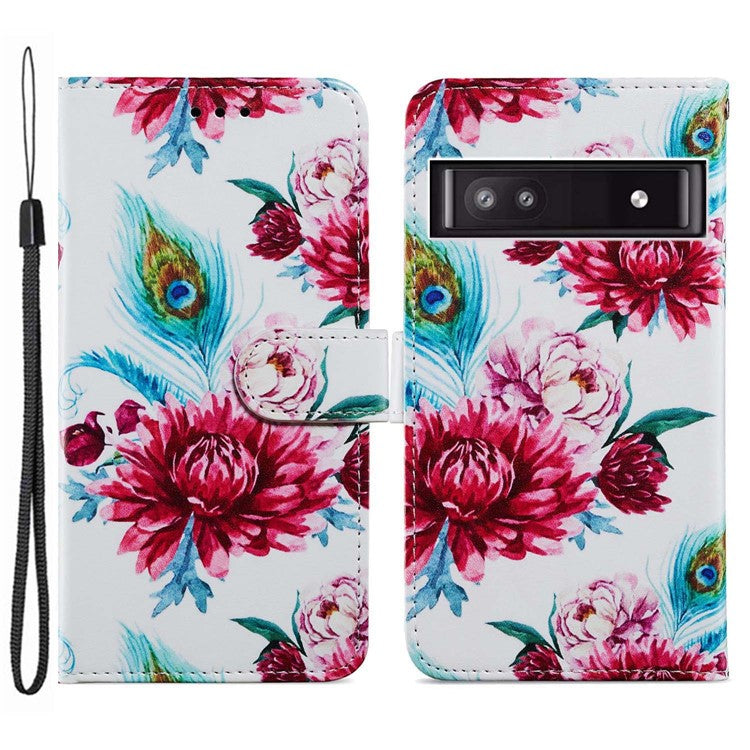 For Google Pixel 7a PU Leather Pattern Printing Phone Cover Wallet Stand Anti-Drop Protective Phone Case - Peacock Flower