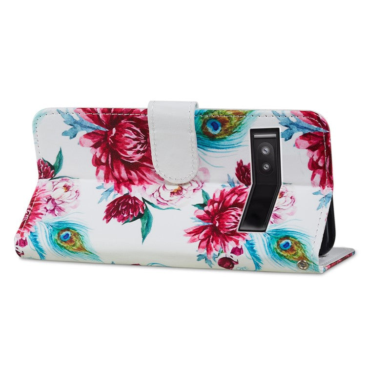 For Google Pixel 7a PU Leather Pattern Printing Phone Cover Wallet Stand Anti-Drop Protective Phone Case - Peacock Flower