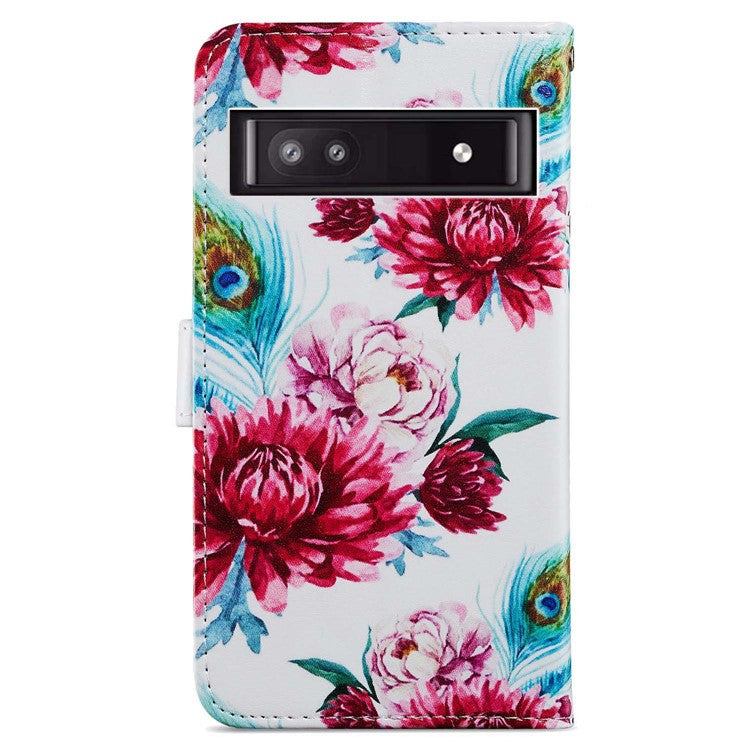 For Google Pixel 7a PU Leather Pattern Printing Phone Cover Wallet Stand Anti-Drop Protective Phone Case - Peacock Flower