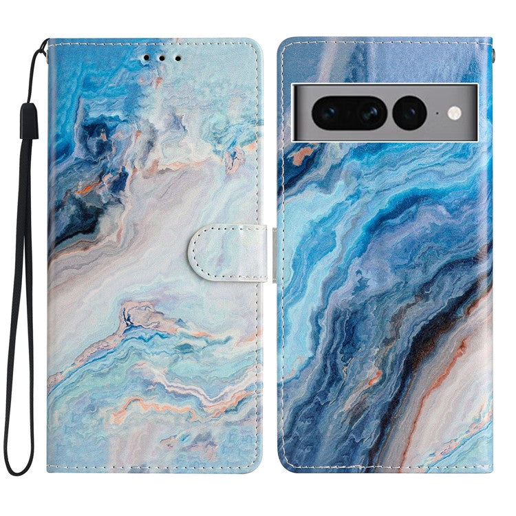 For Google Pixel 7 Pro 5G Pattern Printing PU Leather Wallet Case Stand Flip Phone Cover with Strap - Blue Marble