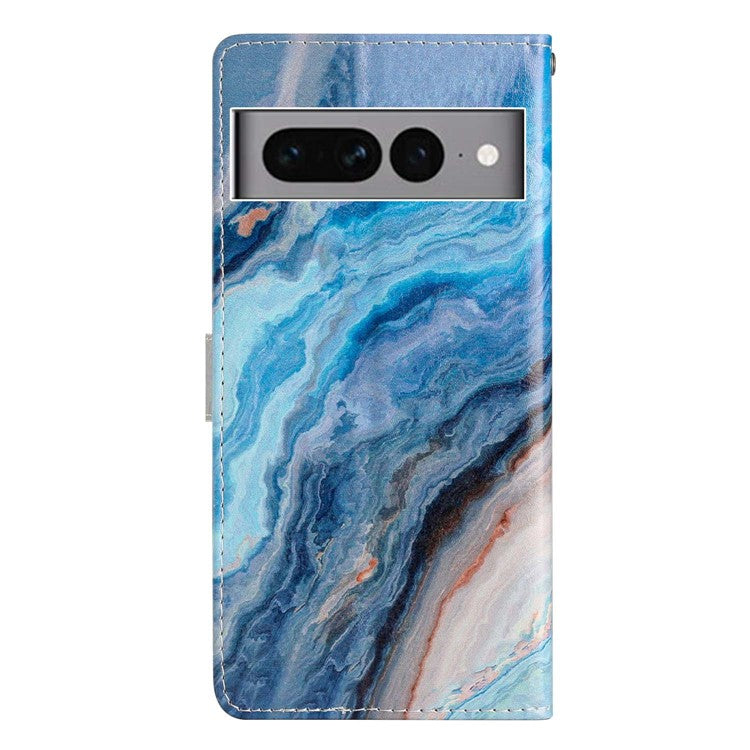 For Google Pixel 7 Pro 5G Pattern Printing PU Leather Wallet Case Stand Flip Phone Cover with Strap - Blue Marble