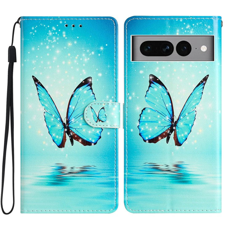 For Google Pixel 7 Pro 5G Pattern Printing PU Leather Wallet Case Stand Flip Phone Cover with Strap - Blue Butterfly