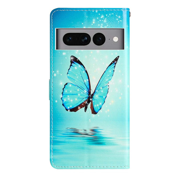 For Google Pixel 7 Pro 5G Pattern Printing PU Leather Wallet Case Stand Flip Phone Cover with Strap - Blue Butterfly