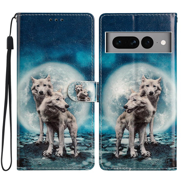 For Google Pixel 7 Pro 5G Pattern Printing PU Leather Wallet Case Stand Flip Phone Cover with Strap - Two Wolves