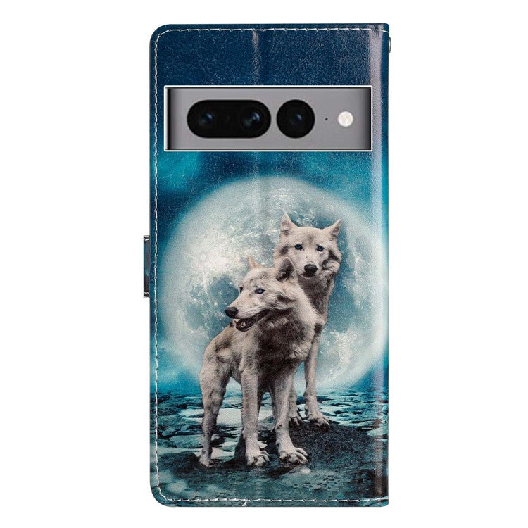 For Google Pixel 7 Pro 5G Pattern Printing PU Leather Wallet Case Stand Flip Phone Cover with Strap - Two Wolves