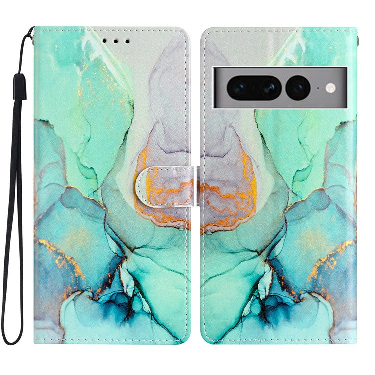 For Google Pixel 7 Pro 5G Pattern Printing PU Leather Wallet Case Stand Flip Phone Cover with Strap - Green Marble