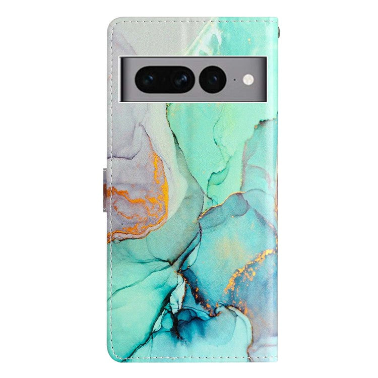 For Google Pixel 7 Pro 5G Pattern Printing PU Leather Wallet Case Stand Flip Phone Cover with Strap - Green Marble