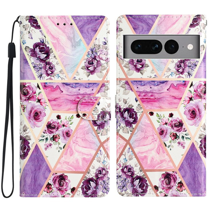 For Google Pixel 7 Pro 5G Pattern Printing PU Leather Wallet Case Stand Flip Phone Cover with Strap - Purple Flowers