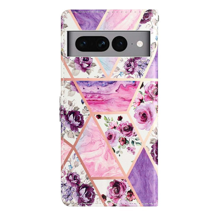 For Google Pixel 7 Pro 5G Pattern Printing PU Leather Wallet Case Stand Flip Phone Cover with Strap - Purple Flowers