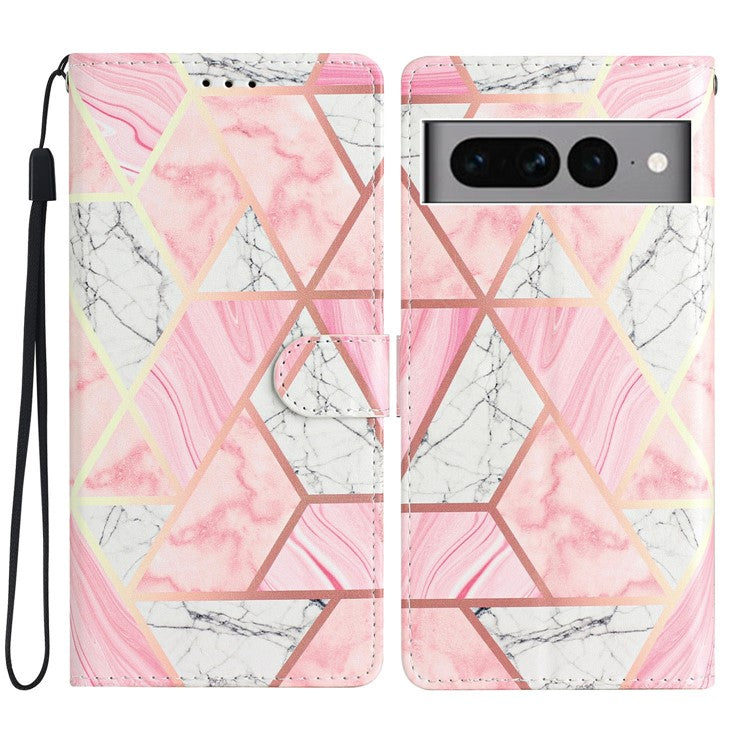 For Google Pixel 7 Pro 5G Pattern Printing PU Leather Wallet Case Stand Flip Phone Cover with Strap - Pink Marble