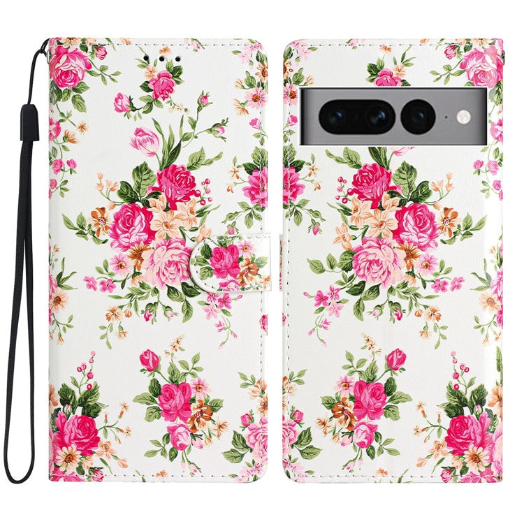 For Google Pixel 7 Pro 5G Pattern Printing PU Leather Wallet Case Stand Flip Phone Cover with Strap - Red Flowers