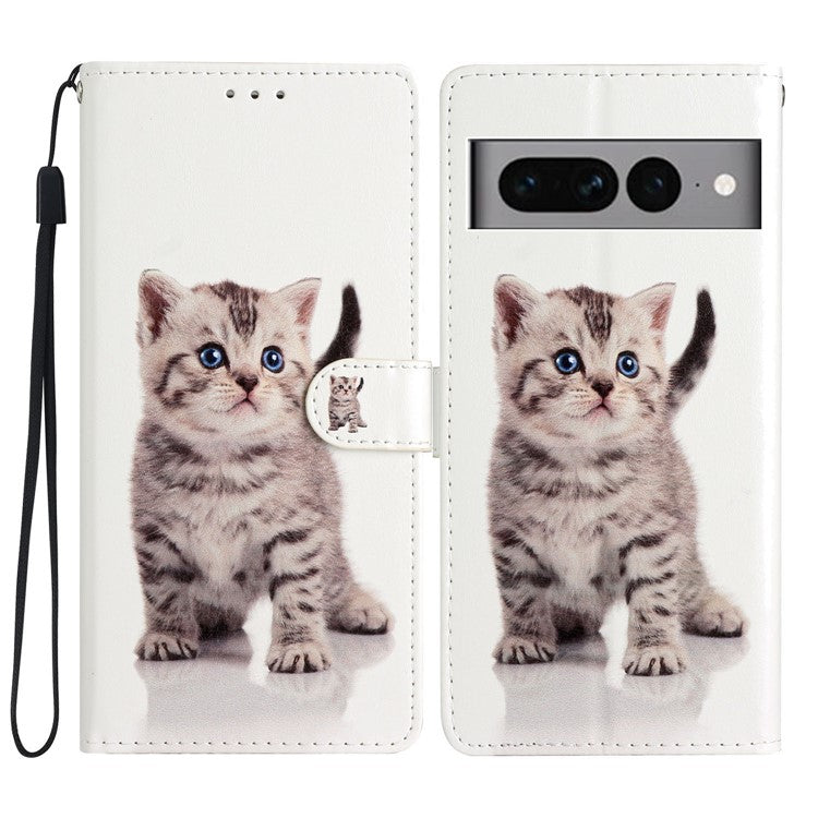 For Google Pixel 7 Pro 5G Pattern Printing PU Leather Wallet Case Stand Flip Phone Cover with Strap - Cute Cat