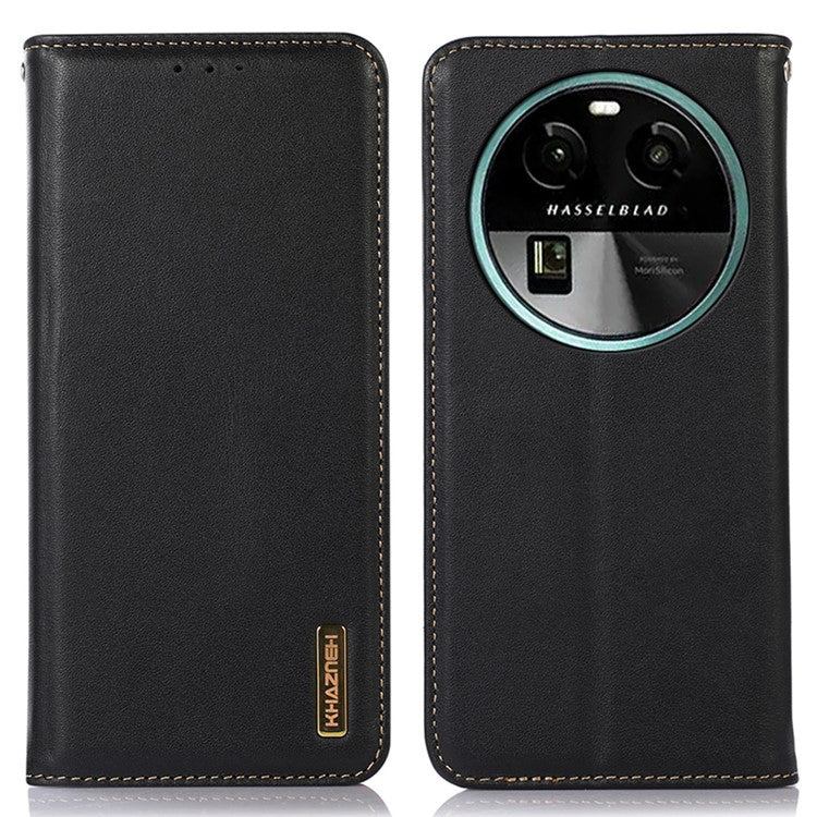 KHAZNEH RFID Blocking Phone Case for Oppo Find X6 Genuine Cowhide Leather Cover with Stand Wallet - Black