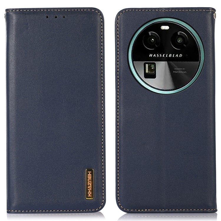 KHAZNEH RFID Blocking Phone Case for Oppo Find X6 Genuine Cowhide Leather Cover with Stand Wallet - Blue