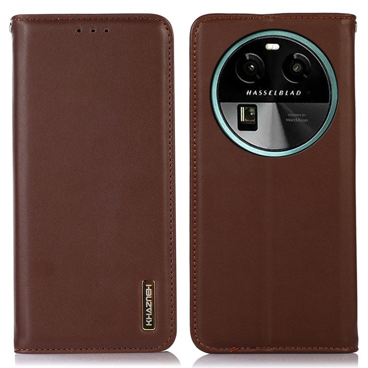 KHAZNEH RFID Blocking Phone Case for Oppo Find X6 Genuine Cowhide Leather Cover with Stand Wallet - Brown