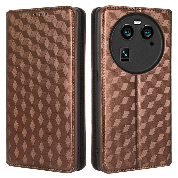 Wallet Case for Oppo Find X6 Imprinted Rhombus Pattern PU Leather+TPU Stand Phone Cover - Brown