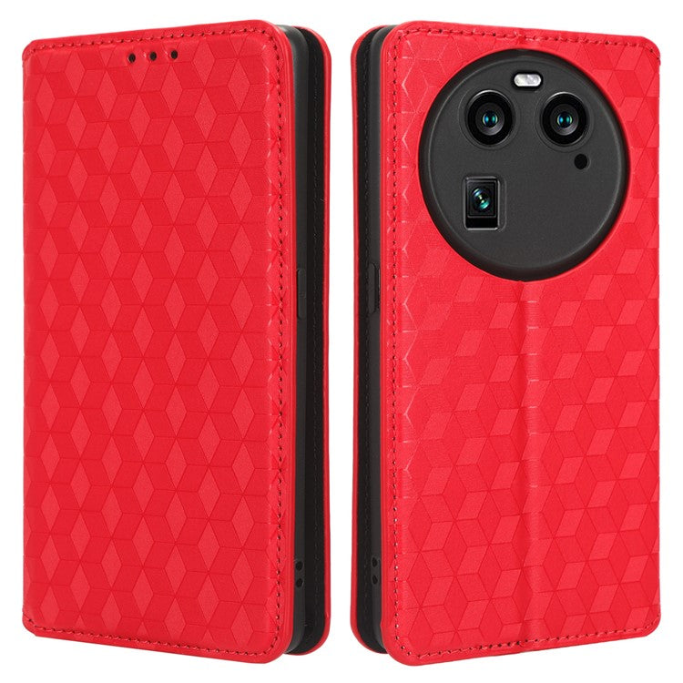 Wallet Case for Oppo Find X6 Imprinted Rhombus Pattern PU Leather+TPU Stand Phone Cover - Red