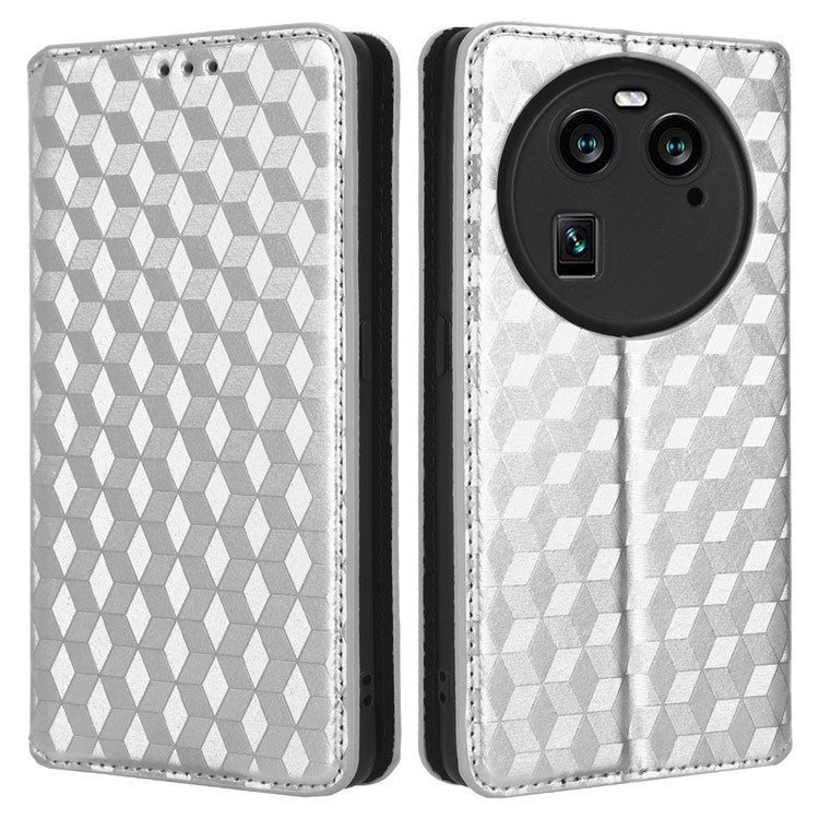 Wallet Case for Oppo Find X6 Imprinted Rhombus Pattern PU Leather+TPU Stand Phone Cover - Silver