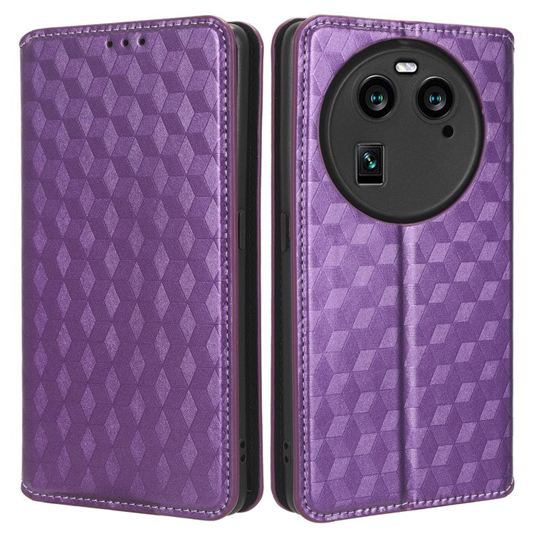 Wallet Case for Oppo Find X6 Imprinted Rhombus Pattern PU Leather+TPU Stand Phone Cover - Purple