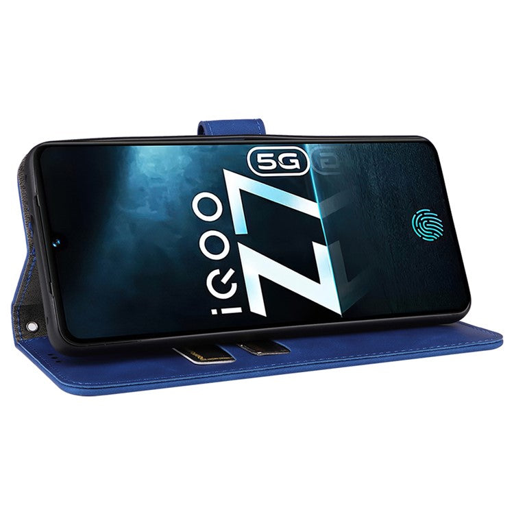 For vivo iQOO Z7 5G Skin-touch Leather Phone Case Wallet Stand Folio Flip Cover - Blue