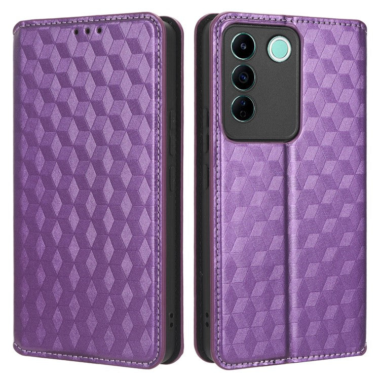 For vivo S16e 5G / V27e 4G PU Leather Phone Case Rhombus Pattern Imprinted Stand Wallet Flip Cover - Purple