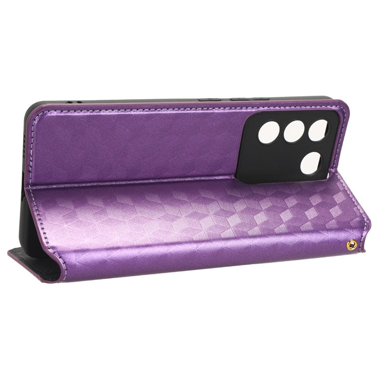 For vivo S16e 5G / V27e 4G PU Leather Phone Case Rhombus Pattern Imprinted Stand Wallet Flip Cover - Purple