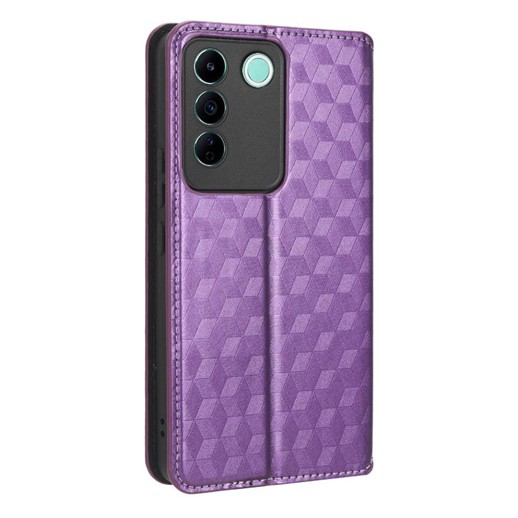 For vivo S16e 5G / V27e 4G PU Leather Phone Case Rhombus Pattern Imprinted Stand Wallet Flip Cover - Purple