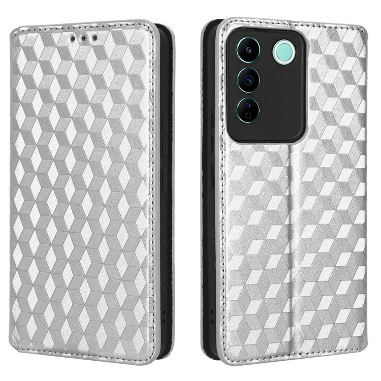 For vivo S16e 5G / V27e 4G PU Leather Phone Case Rhombus Pattern Imprinted Stand Wallet Flip Cover - Silver